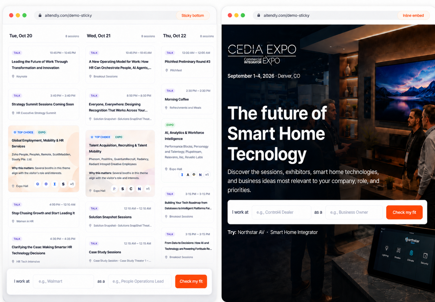 AITENDLY shown as an inline embed and as a sticky bottom bar on two event websites